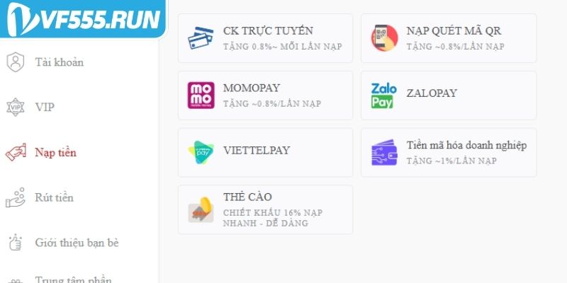 Các phương thức nạp tiền VF555
