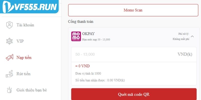 Chọn mục vào mục nạp tiền trên giao diện chính